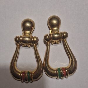 Gold-Tone Drop Clip Earrings with Red & Green Accents